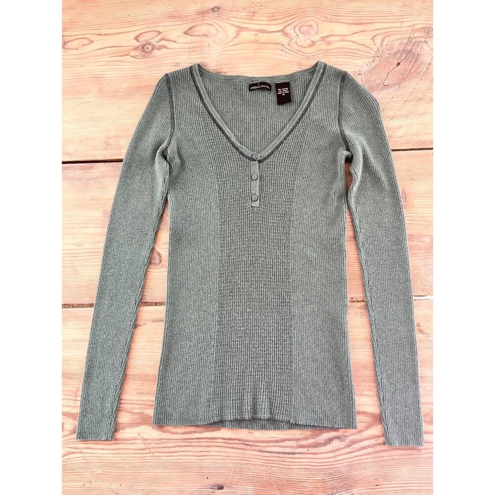Y2K Moda International Thermal Top Womens M Green Ribbed Fitted Stretch